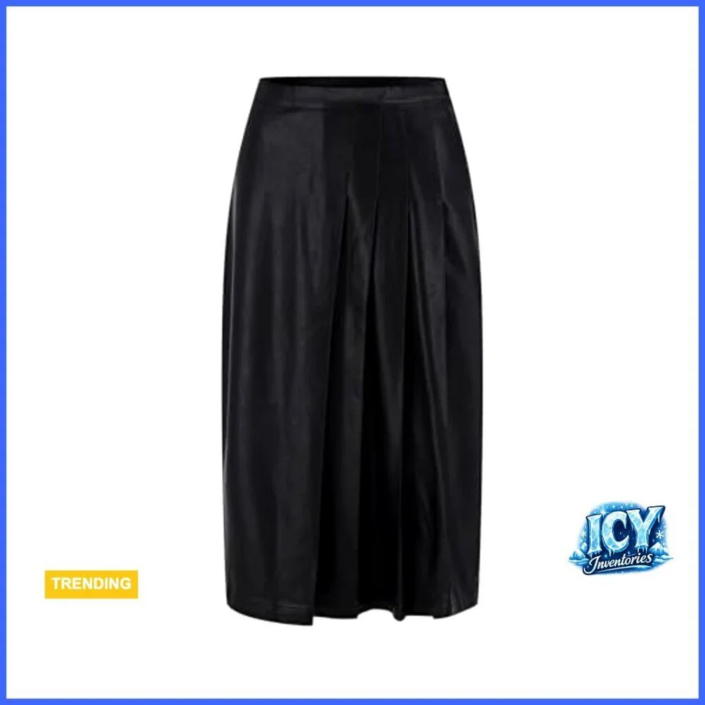 High Waist Pleated Midi Skirt Faux Leather Flare Regular Fit
